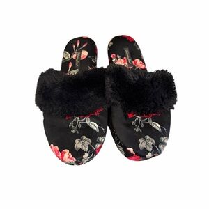 Victoria's Secret Black Floral Slippers with Faux Fur